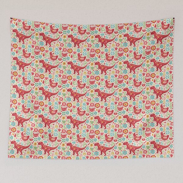 Item preview, Folk Art T‑Rex and Chicken – Seamless Scandinavian Pattern by heidiannemorris © designed and sold by FOLK ART FUSION by heidiannemorris.