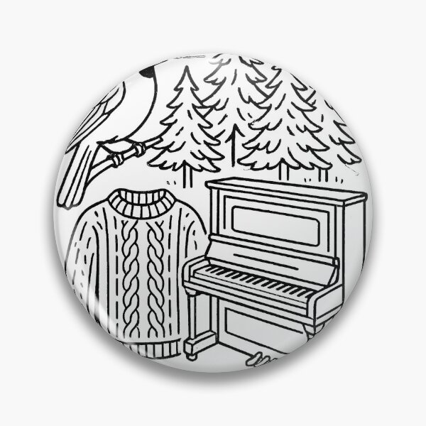 Item preview, Line drawings of a forest, a cardinal, an antique piano, a knitted sweater (black and white ver) designed and sold by Moonshroomarts.