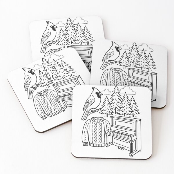 Item preview, Line drawings of a forest, a cardinal, an antique piano, a knitted sweater (black and white ver) designed and sold by Moonshroomarts.