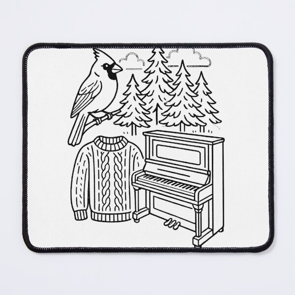 Item preview, Line drawings of a forest, a cardinal, an antique piano, a knitted sweater (black and white ver) designed and sold by Moonshroomarts.