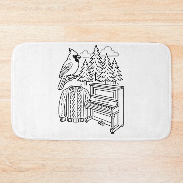 Item preview, Line drawings of a forest, a cardinal, an antique piano, a knitted sweater (black and white ver) designed and sold by Moonshroomarts.