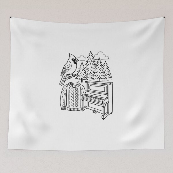 Item preview, Line drawings of a forest, a cardinal, an antique piano, a knitted sweater (black and white ver) designed and sold by Moonshroomarts.