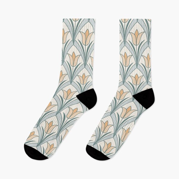 Item preview, Art Deco Spring Tulips Peach Orange Sage Green on Cream designed and sold by Pinkdeer Designs.