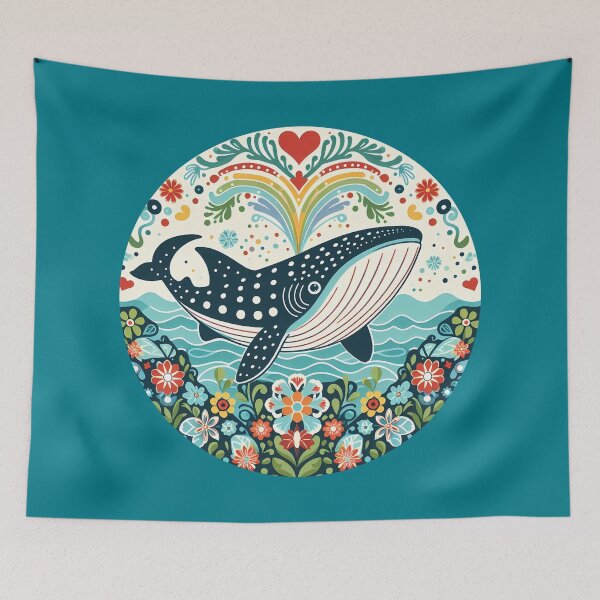 Artikelvorschau, Walhai mit Meeresflora-Liebesherz – Hoffnung für die Tierwelt, skandinavische Volkskunst von heidiannemorris © entworfen und verkauft von FOLK ART FUSION by heidiannemorris.