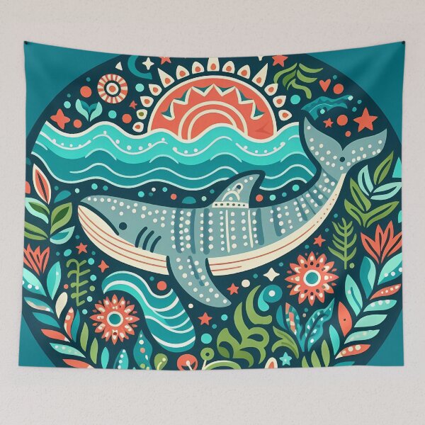 Artikelvorschau, Walhai mit Meeresflora-Sonnenstrahl – Hoffnung für die Tierwelt, skandinavische Volkskunst von heidiannemorris © entworfen und verkauft von FOLK ART FUSION by heidiannemorris.