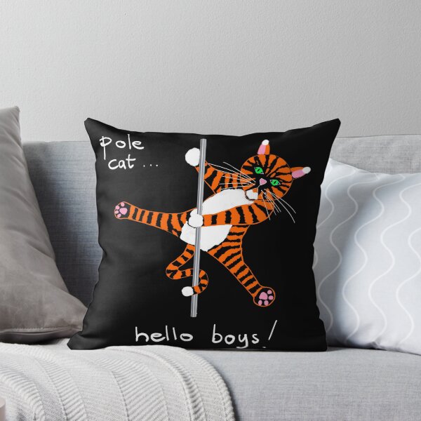 Pole Cat “Hello Boys” – Cheeky Pole Dance Cartoon Cat Illustration Throw Pillow
