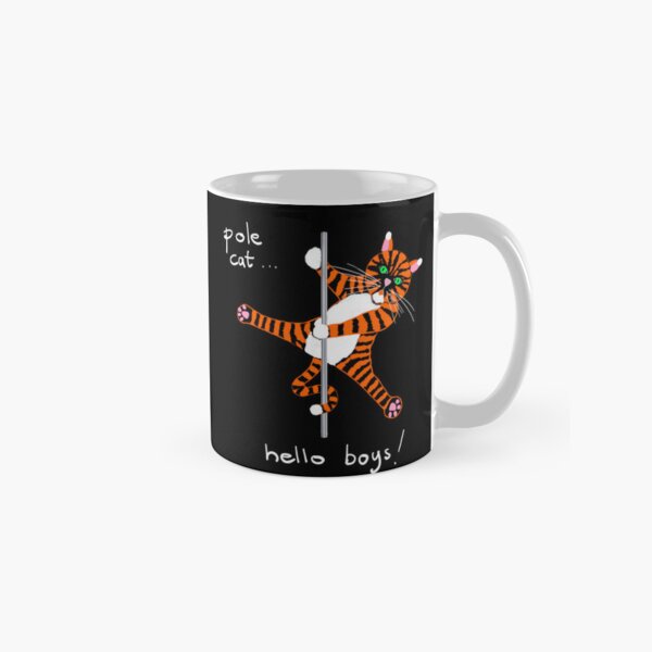Pole Cat “Hello Boys” – Cheeky Pole Dance Cartoon Cat Illustration Classic Mug