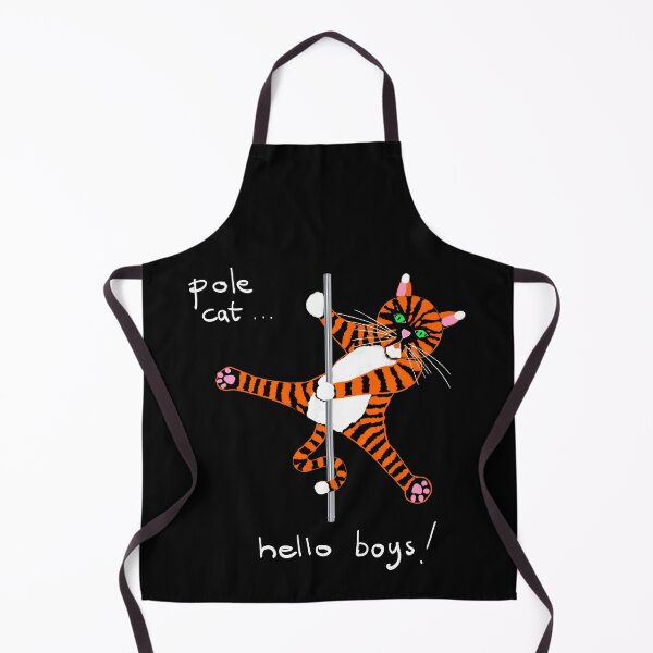 Pole Cat “Hello Boys” – Cheeky Pole Dance Cartoon Cat Illustration Apron