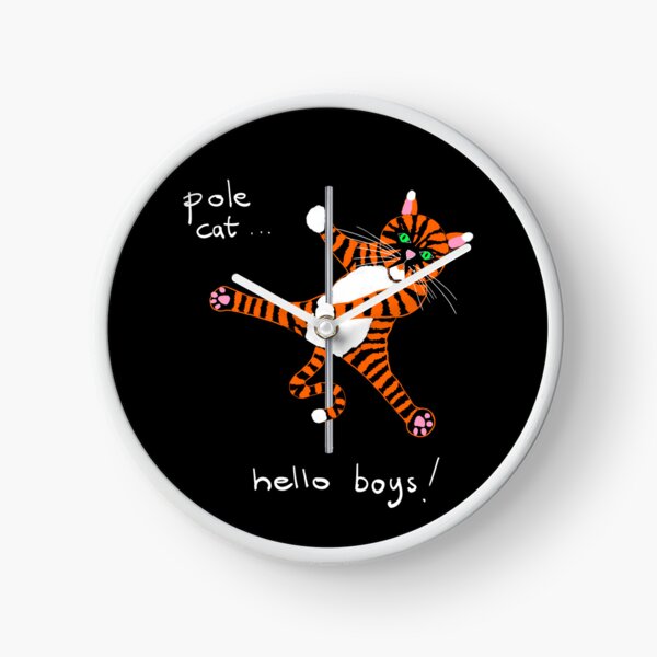 Pole Cat “Hello Boys” – Cheeky Pole Dance Cartoon Cat Illustration Clock