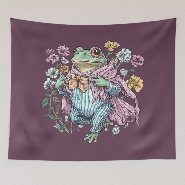 Item preview, Frog №80 Whimsical Frog in Pink Cape and Garden Flowers designed and sold by SyberGen.
