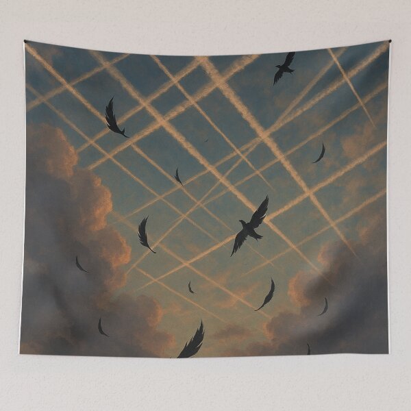 Item preview, Falling Feathers in a Chemtrail Sky – Surreal Symbolism designed and sold by LuxuryApparels.
