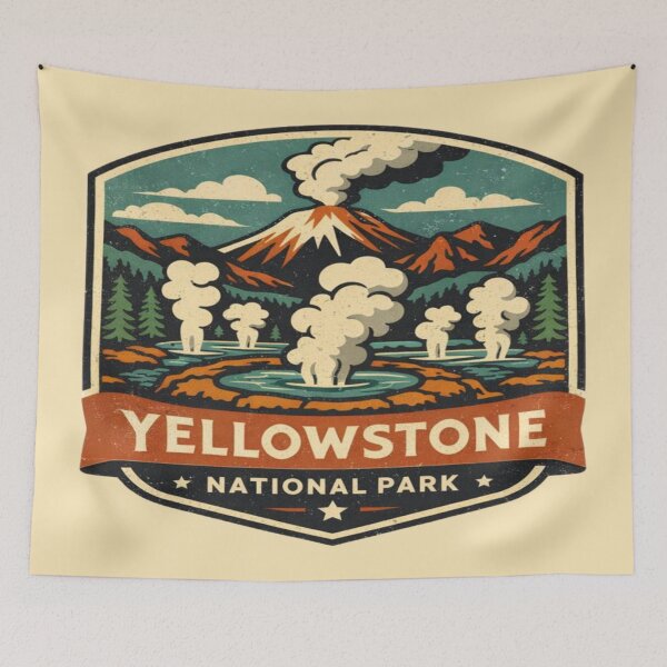 Item preview, Yellowstone Supervolcano Vintage National Park Badge | Geothermal Mountain Adventure Art designed and sold by Globalcitytees.