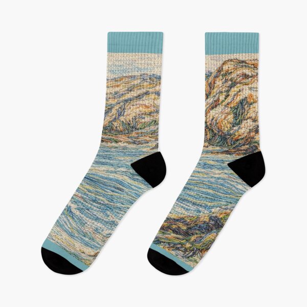 Item preview, Sea Pasture  1936  Charles H. Woodbury Embroidered Coastal Landscape – Colorful Thread Art Ocean & Cliffs designed and sold by Pickled Poppies .