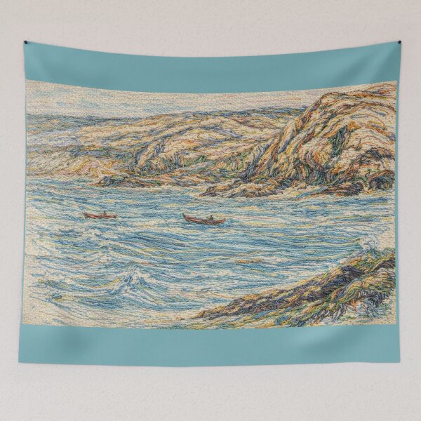 Item preview, Sea Pasture  1936  Charles H. Woodbury Embroidered Coastal Landscape – Colorful Thread Art Ocean & Cliffs designed and sold by Pickled Poppies .