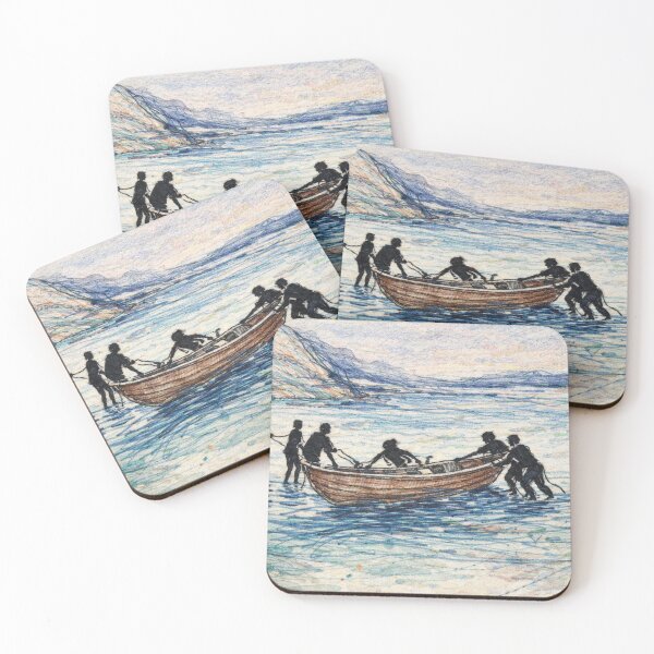 Item preview,  Launching the Life Boat Charles H. Woodbury Embroidered Boat on Water – Colorful Thread Landscape Illustration designed and sold by Pickled Poppies .