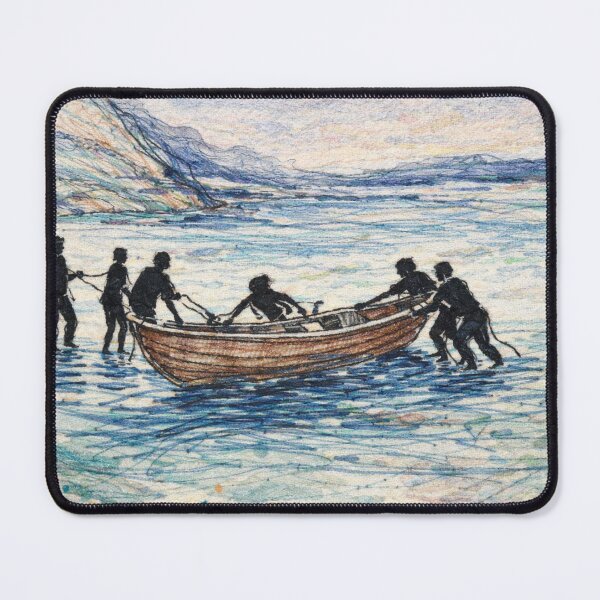Item preview,  Launching the Life Boat Charles H. Woodbury Embroidered Boat on Water – Colorful Thread Landscape Illustration designed and sold by Pickled Poppies .