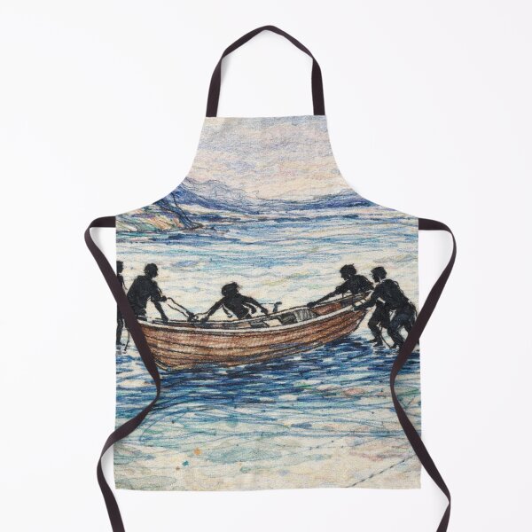 Item preview, Launching the Life Boat Charles H. Woodbury Embroidered Boat on Water – Colorful Thread Landscape Illustration designed and sold by Pickled Poppies .