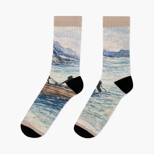 Artikelvorschau, Das Zuwasserlassen des Rettungsbootes – Gesticktes Boot auf dem Wasser von Charles H. Woodbury – Farbenfrohe Landschaftsillustration aus Garn entworfen und verkauft von Pickled Poppies .