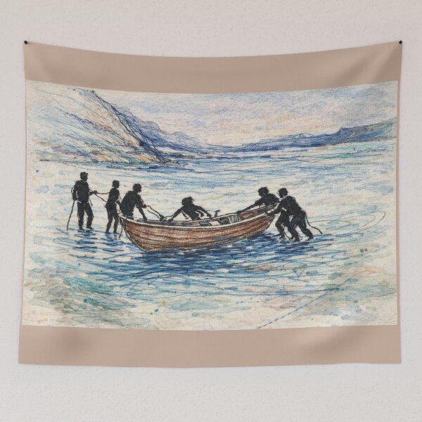 Item preview,  Launching the Life Boat Charles H. Woodbury Embroidered Boat on Water – Colorful Thread Landscape Illustration designed and sold by Pickled Poppies .