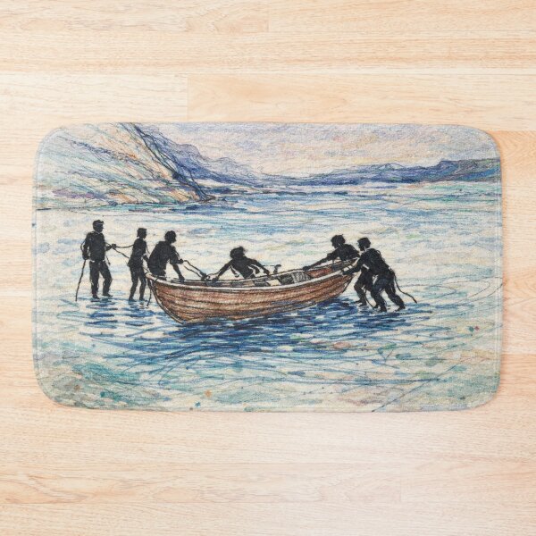 Item preview,  Launching the Life Boat Charles H. Woodbury Embroidered Boat on Water – Colorful Thread Landscape Illustration designed and sold by Pickled Poppies .