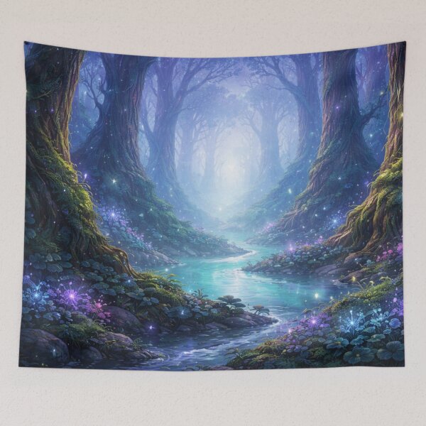Item preview, Enchanted Forest River at Night – Magical Fantasy Woodland Dreamscape Art designed and sold by anandsiva2703.