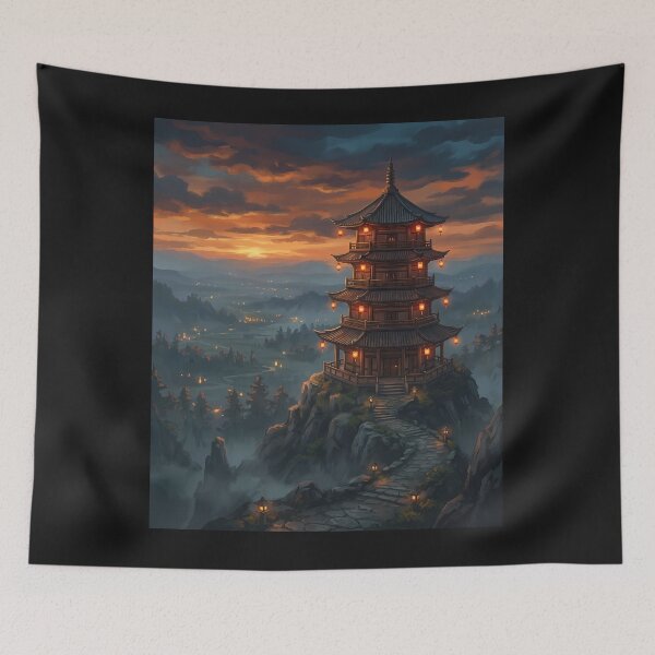 Item preview, Pagoda on a Mountain at Sunset designed and sold by Bobkataaa.