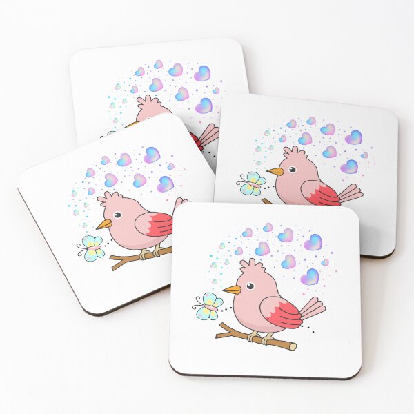 Item preview, Pink Perch - Cute Bird with Hearts and Butterfly Friend designed and sold by Love3Happy.