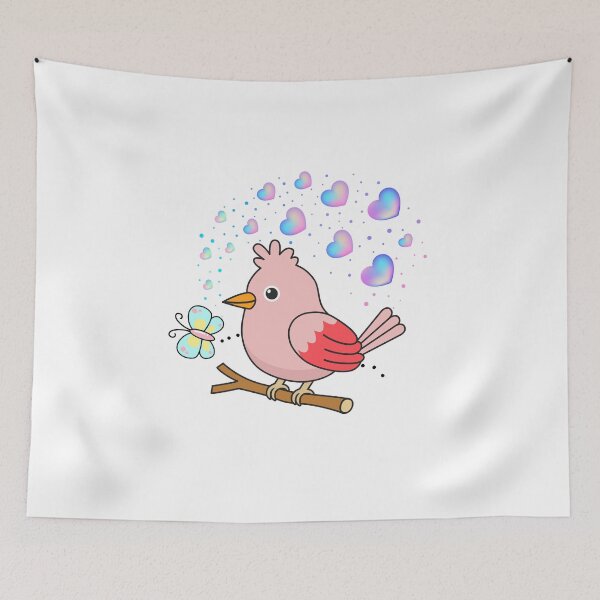 Item preview, Pink Perch - Cute Bird with Hearts and Butterfly Friend designed and sold by Love3Happy.