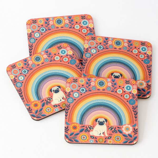 Item preview, Scandinavian Folk Art Cute Patterned Pug Puppy Dog and Rainbow by heidiannemorris © designed and sold by FOLK ART FUSION by heidiannemorris.