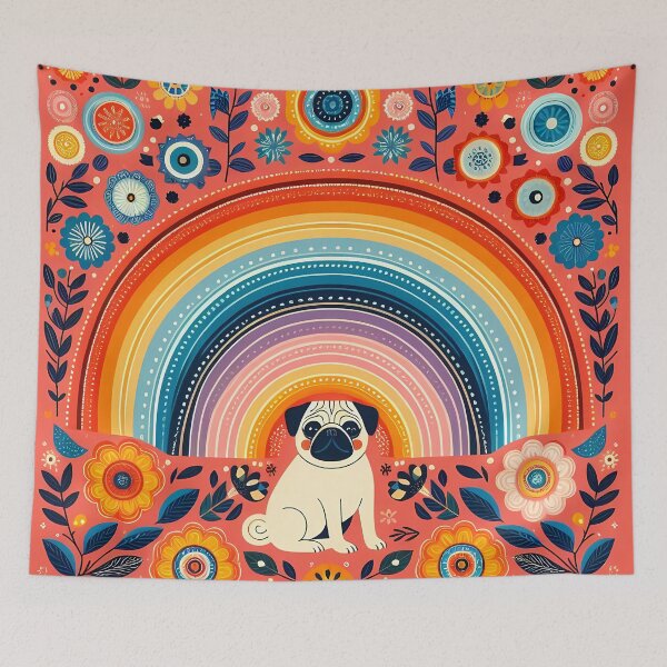 Item preview, Scandinavian Folk Art Cute Patterned Pug Puppy Dog and Rainbow by heidiannemorris © designed and sold by FOLK ART FUSION by heidiannemorris.