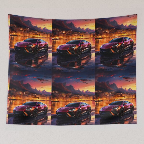 Item preview, Sleek Exotic Sports Car Gleaming Beside Lit Village Water Edge designed and sold by RevUpDesign.