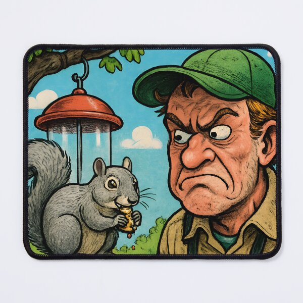 Item preview, The Original Nemesis: Frustrated Birder vs. Bird Seed Squirrel | Funny Birdwatching Comic Art designed and sold by NatureNookTees.