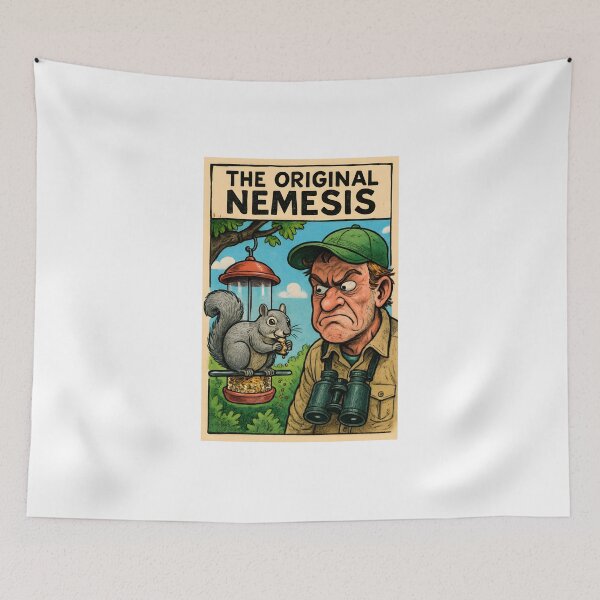 Item preview, The Original Nemesis: Frustrated Birder vs. Bird Seed Squirrel | Funny Birdwatching Comic Art designed and sold by NatureNookTees.