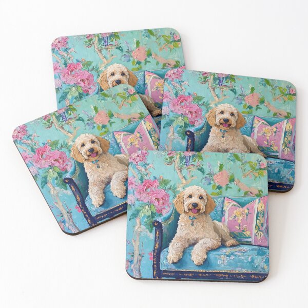 Item preview, Labradoodle on a blue chinoiserie sofa designed and sold by SophieClimaArt.