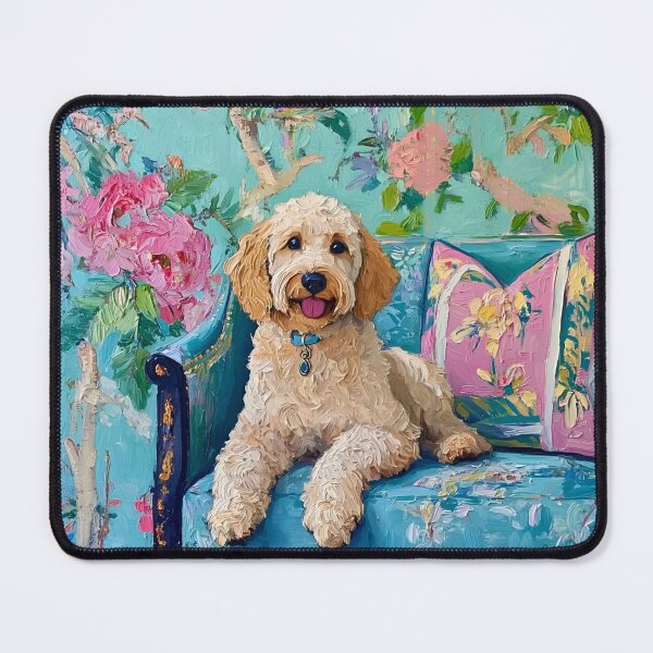 Item preview, Labradoodle on a blue chinoiserie sofa designed and sold by SophieClimaArt.