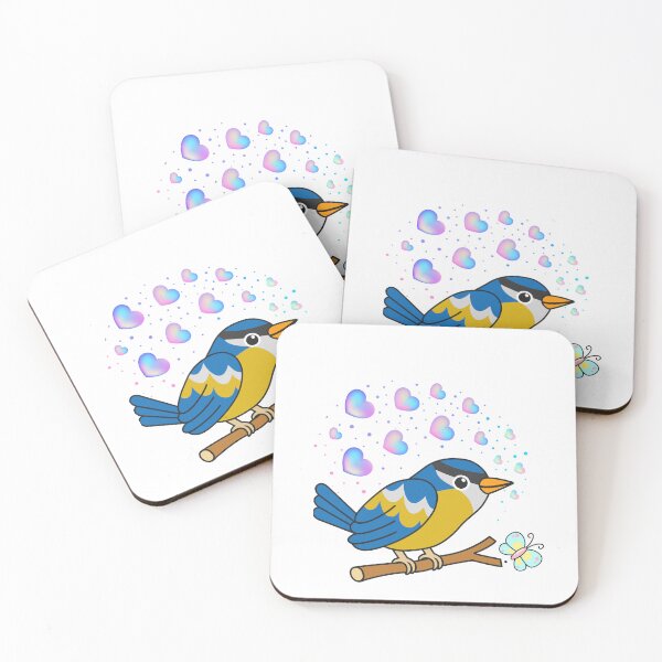 Item preview, Cheerful Blue Tit - Cute Yellow Bird with Shimmering Hearts designed and sold by Love3Happy.