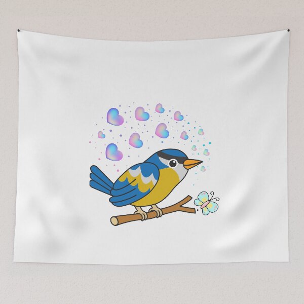 Item preview, Cheerful Blue Tit - Cute Yellow Bird with Shimmering Hearts designed and sold by Love3Happy.