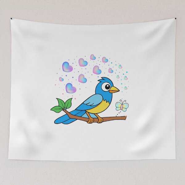 Item preview, Cheerful Bluebird - Cute Bird with Gradient Hearts and Butterfly designed and sold by Love3Happy.
