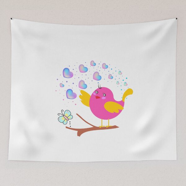 Item preview, Pink Surprise - Cute Bird with Iridescent Hearts and Butterfly designed and sold by Love3Happy.