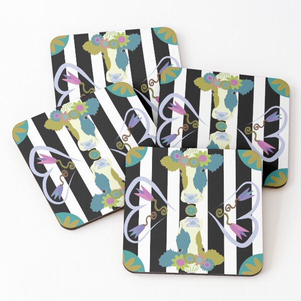 Item preview, Happy Holstein Olive & Teal Duo on Black Vertical Stripe designed and sold by Digitalmyth's Designs.