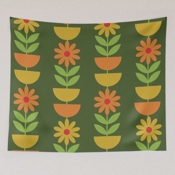 Item preview, Copy of Retro Mid Mod Flowers Pattern with half circles in orange and mustard yellow  designed and sold by Yasminepatterns .