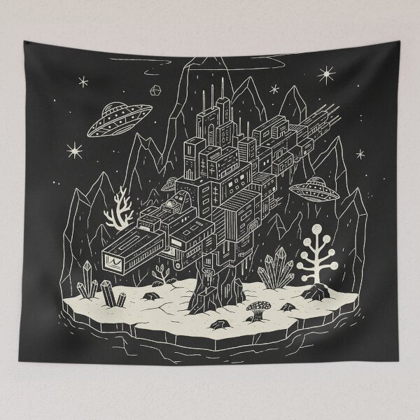 Item preview, Cosmic Outpost Floating Island Retro Sci-Fi Line Art designed and sold by zzz888.