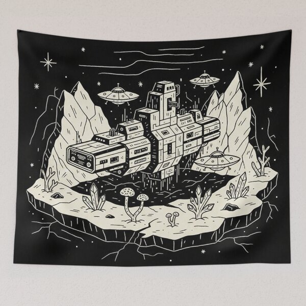 Item preview, Cosmic Landing Retro Sci-Fi Spaceship Line Art designed and sold by zzz888.