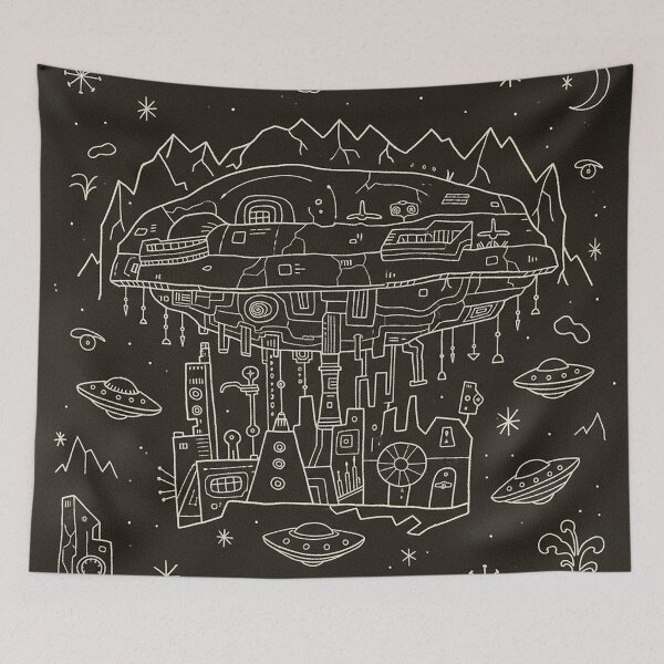 Item preview, Ancient Alien Floating Fortress Retro Sci-Fi Line Art designed and sold by zzz888.