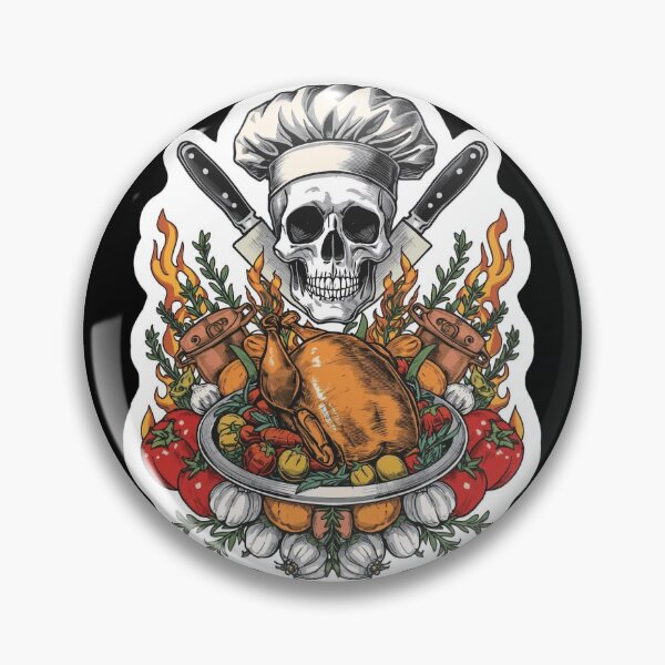 Item preview, Flaming Chef Skull Crossed Knives Roasted Chicken Art designed and sold by Bone & Blade.