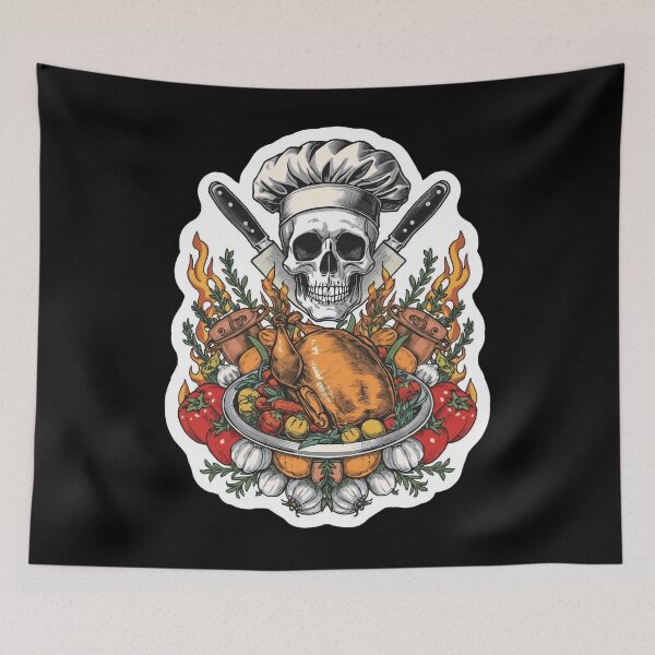 Item preview, Flaming Chef Skull Crossed Knives Roasted Chicken Art designed and sold by Bone & Blade.