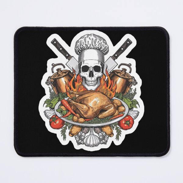 Item preview, Flaming Chef Skull Crossed Knives Roasted Chicken Art designed and sold by Bone & Blade.