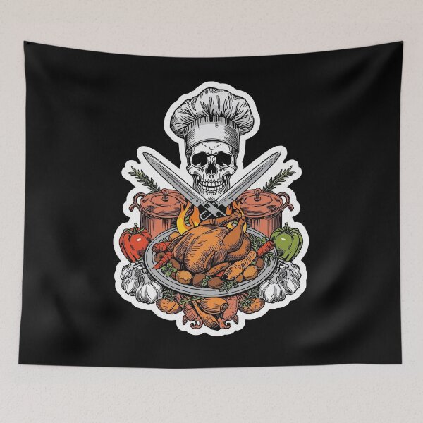 Item preview, Flaming Chef Skull Crossed Knives Roasted Chicken Art designed and sold by Bone & Blade.