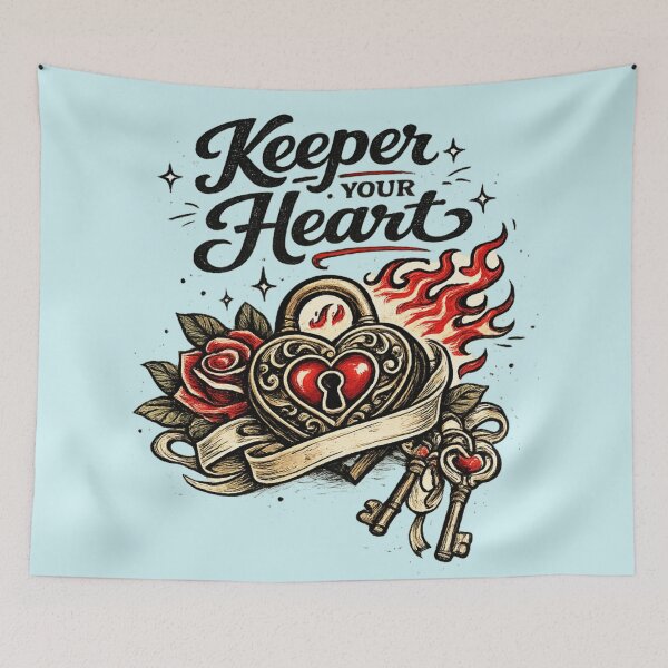 Item preview, Keeper of Your Heart – Retro Valentine Padlock & Key Tattoo Style AI Art designed and sold by Cleora Art .
