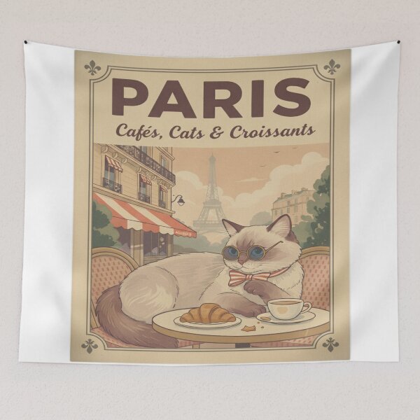 Item preview, Paris Cafés, Cats & Croissants – Vintage-Inspired Cat Illustration designed and sold by PixelKool.